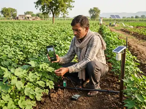 Farmer checking crop health in a green field