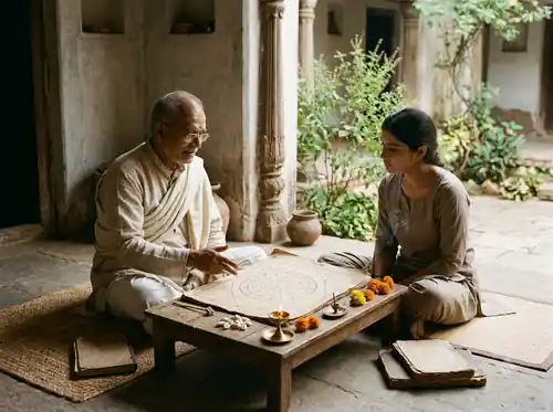 Astrologer reviewing traditional charts during consultation