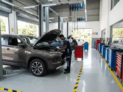 Mechanic inspecting a vehicle inside a modern service workshop