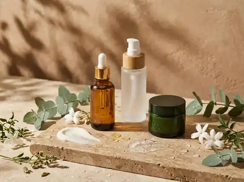 Cosmetic bottles displayed alongside botanical ingredients