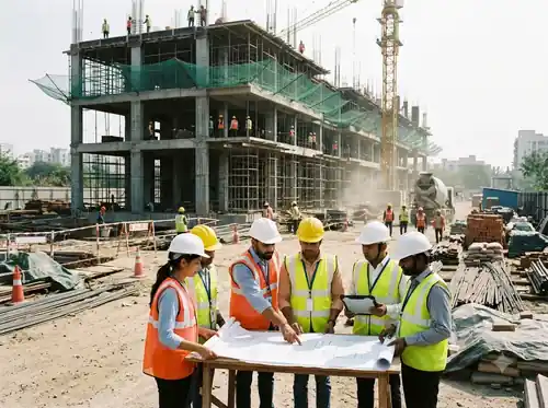 Engineers in hard hats inspecting a building construction site