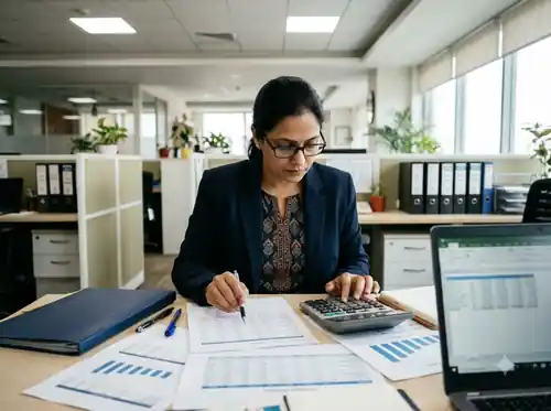Accountant analyzing financial documents in an office
