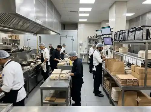 Chefs preparing takeaway orders in a commercial kitchen