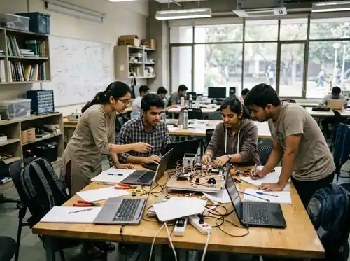 University students working together in a campus library