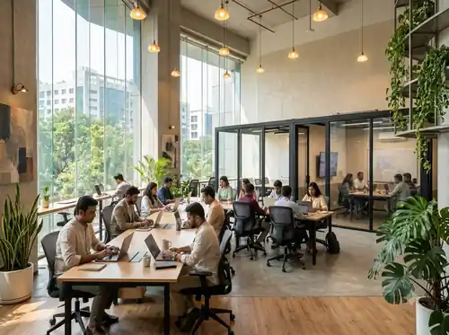 Professionals working at desks in a open coworking office
