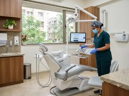 Dentist in protective gear operating in a modern dental room