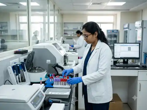 Lab technician handling testing samples and equipment