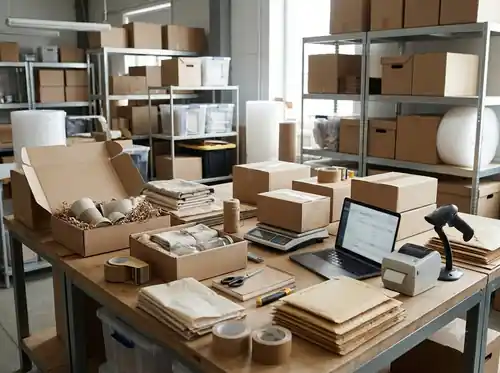 Fulfillment worker packing orders next to a laptop