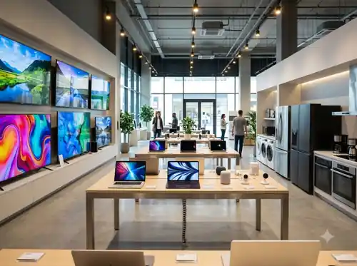Showroom displaying modern consumer electronics and appliances