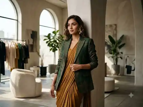 Model presenting contemporary Indian fashion apparel