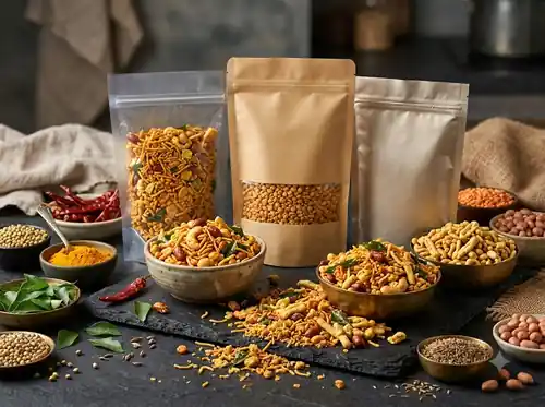 Unbranded packaged Indian snacks arranged on dark slate