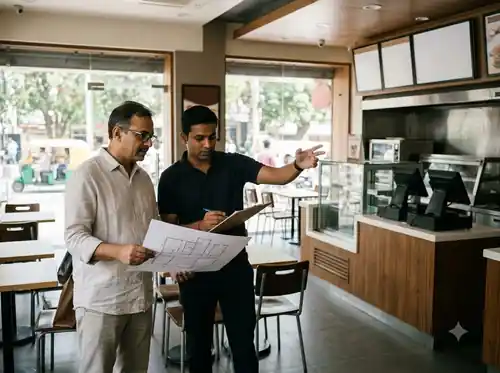 Retail managers reviewing store layout in an outlet