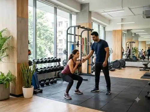 Fitness trainer guiding an adult during a workout session