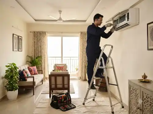 Technician servicing household equipment in an apartment