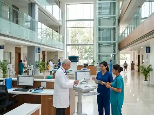Indian medical team collaborating in a modern hospital hallway