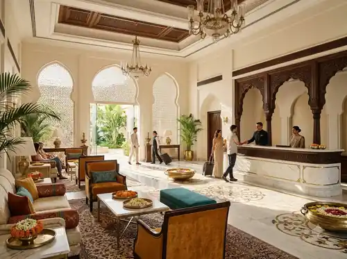 Elegant hotel reception lounge with warm hospitality lighting