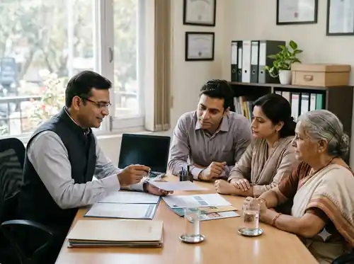 Insurance broker reviewing policy terms with a family