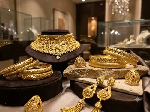 Gold jewellery arranged elegantly on velvet display