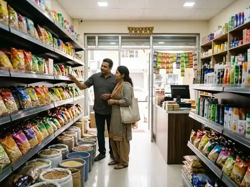 Store owner assisting a customer in a neighborhood shop