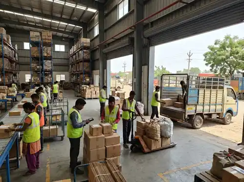 Logistics hub staff managing packages near delivery van