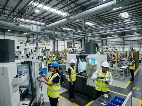Technicians operating machinery on a factory floor