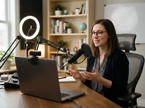 Online instructor recording a lesson in a home studio