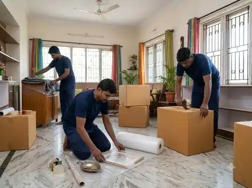 Relocation team safely packing household boxes with wrap