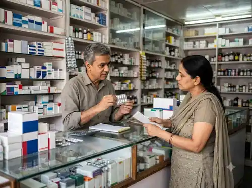 Pharmacist serving a customer at a clean pharmacy counter