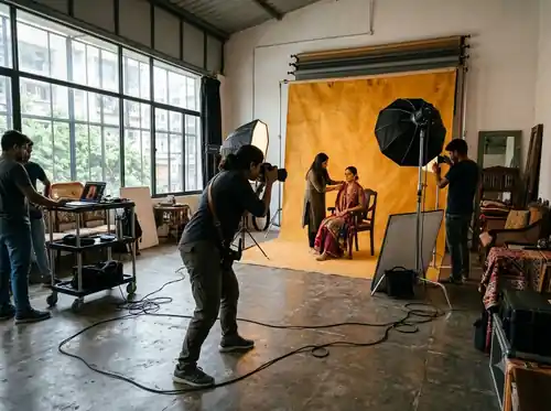 Photographer adjusting camera lighting on a studio set