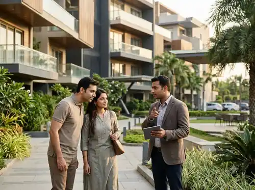 Property agent presenting a modern apartment to buyers
