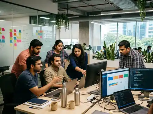 Software developers working together in a modern tech office