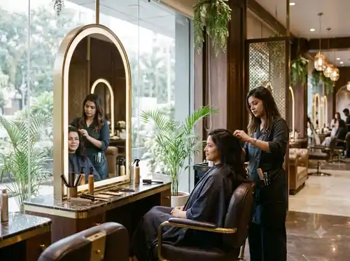 Stylist pampering a client in an upscale hair salon