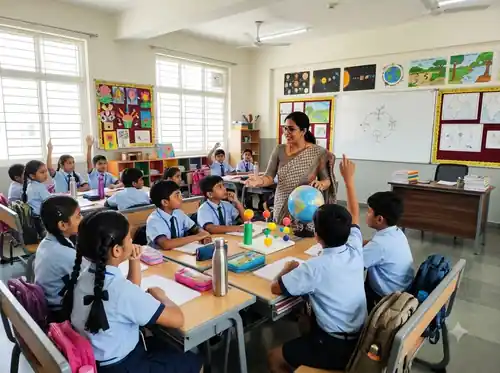 Teacher engaging young students in an Indian classroom