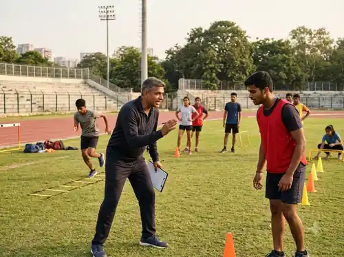 Coach guiding young athletes on a sports field