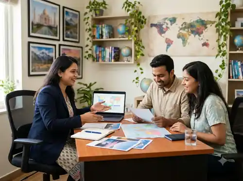 Travel agent planning an itinerary with customers in office