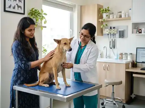 Veterinarian gently examining a dog in a pet clinic