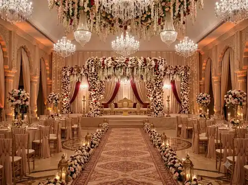 Decorated Indian wedding venue stage with floral arrangements
