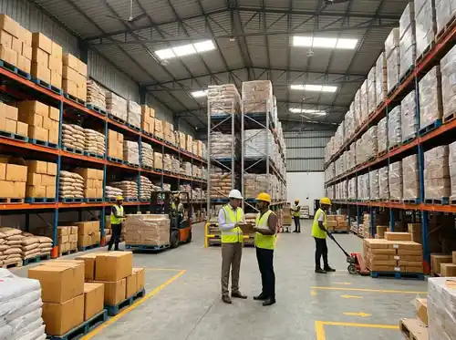 Warehouse worker organizing stacked pallet goods on shelves